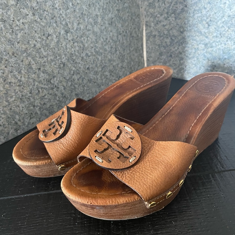 Tory Burch Brown Leather Platform Wedge Sandals